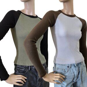 Brandy Melville Colorblock Ragland Ribbed Long Sleeve Shirts